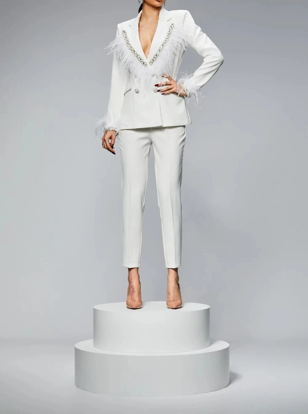 Женский костюм, вечерние платья, элегантные аппликации из бисера, куртка с перьями, пальто и брюки для женщин, костюмы из двух предметов по индивидуальному заказу
