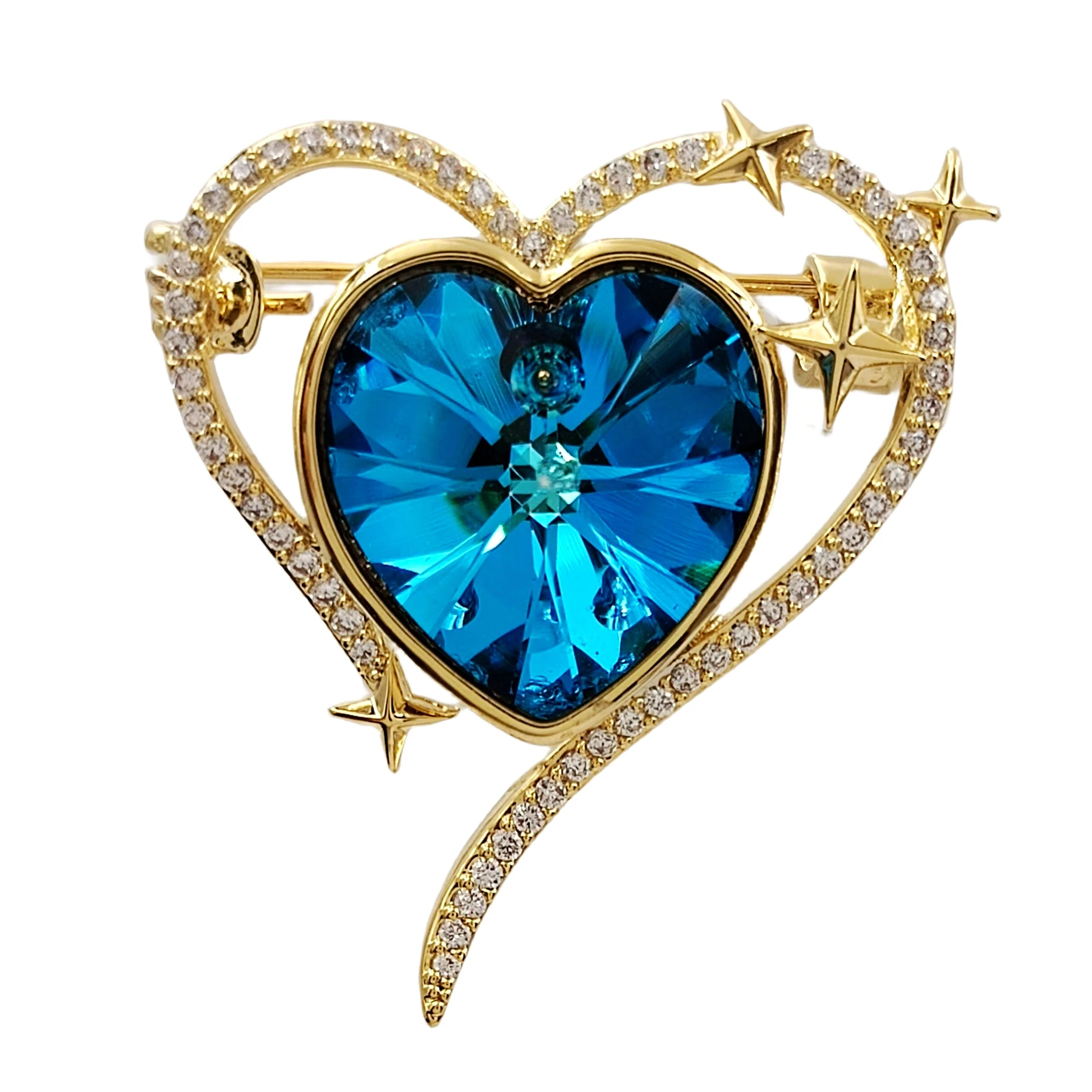 Gorgeous Blue Cubic Zircon Open Valentine Heart Brooch Pin