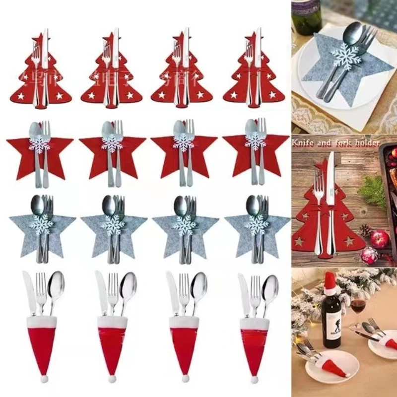 4 PCS Christmas Knife Fork Holder Elk Snowflake Santa Claus Cutlery Knife Fork Cover Bag Tableware Xmas Organizer Table Decor