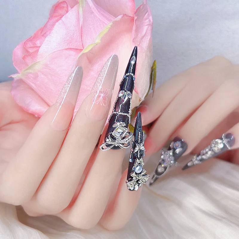 14개(긴 것 4개+짧은 것 10개) 수제 고딕 젬 리티니 네일 세트 행사용 반짝이고 빠르게 세팅되는 인기 키트보다 우수함