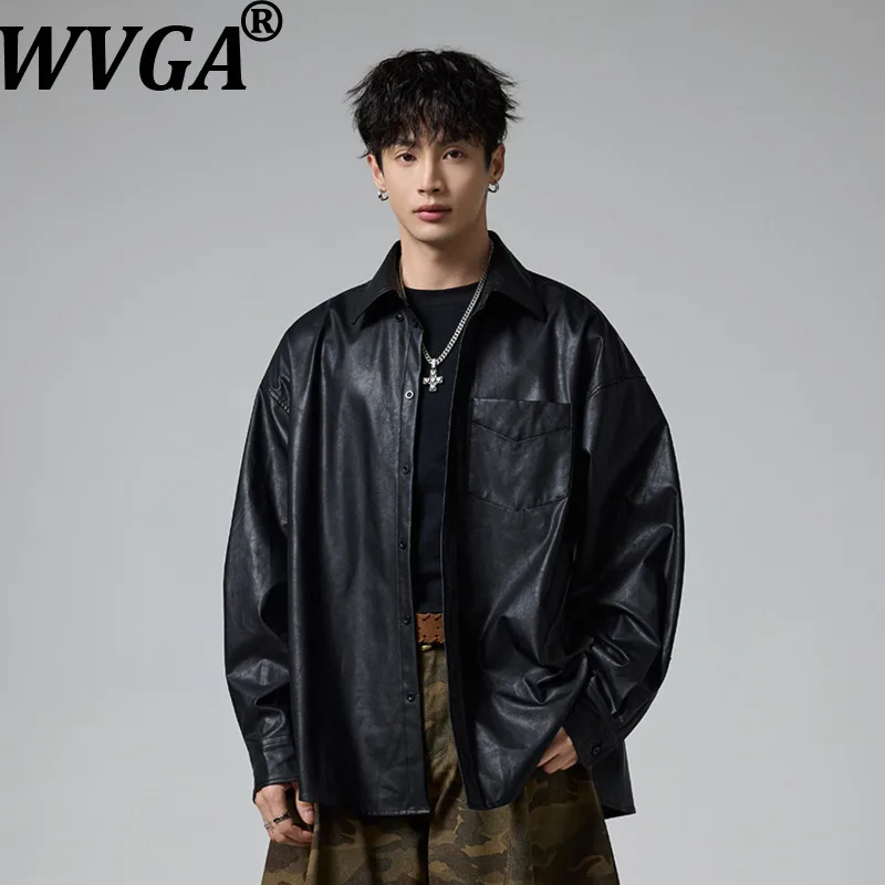 

Мужская кожаная рубашка WVGA: новинка сезона весна-осень, винтажный стиль, однотонная, модная, повседневная, с отложным воротником, модель W20399
