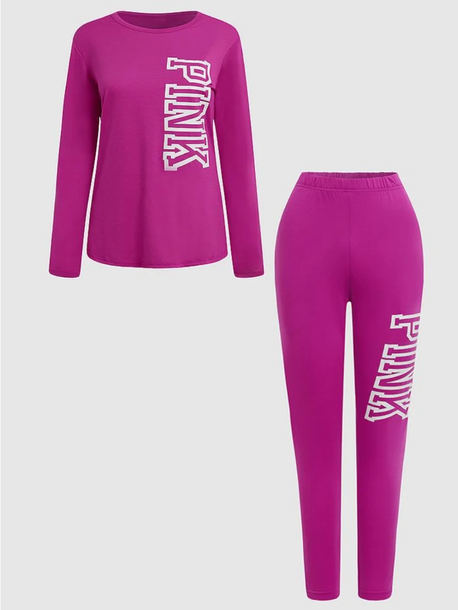 4XL 5XL LW Plus Size Pink Letter Print Pocket Design Pants Set New Round Neck Long Sleeve 2pcs Casual Two Pieces Outfit for Lady