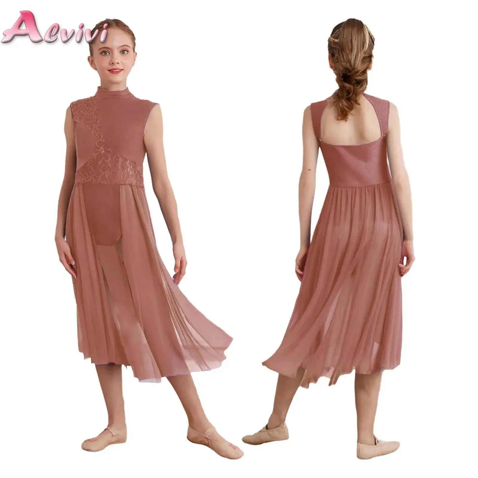 

Kids Girls Floral Lace Patchwork Lyrical Dance Dresses Cutout Sleeveless Ballet Modern Leotard Dress Stage Performance Costume