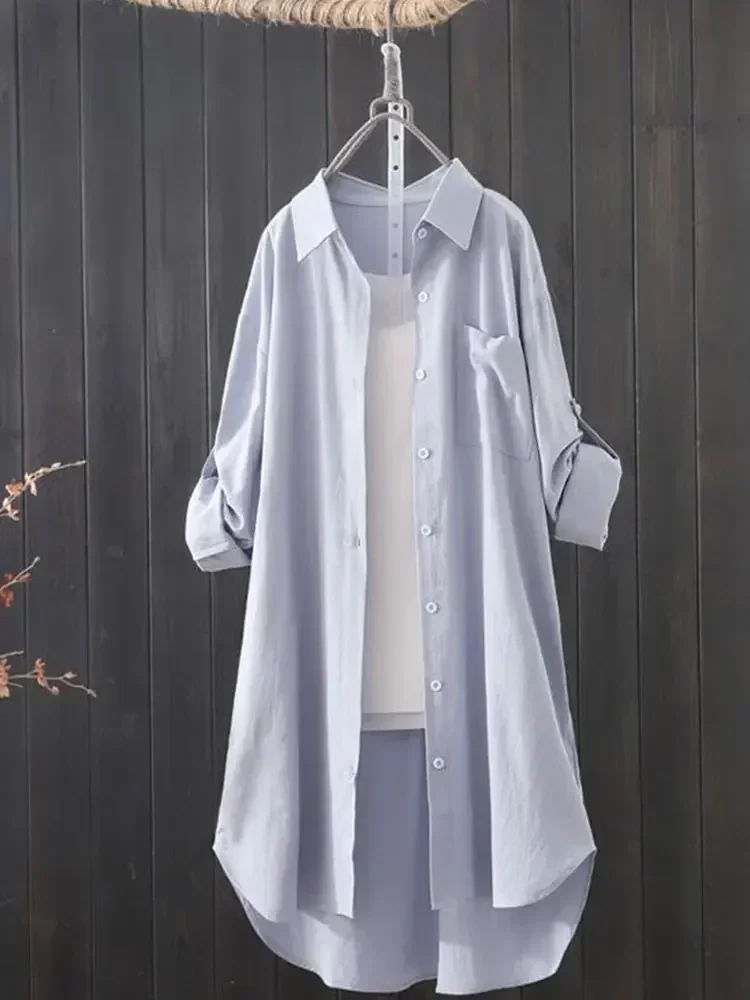 

2025 Korean Spring Summer White Shirt Women Fashion Simple Tops Solid Color Long Shirts Lady Loose Breathable Midi Shirt Blouse