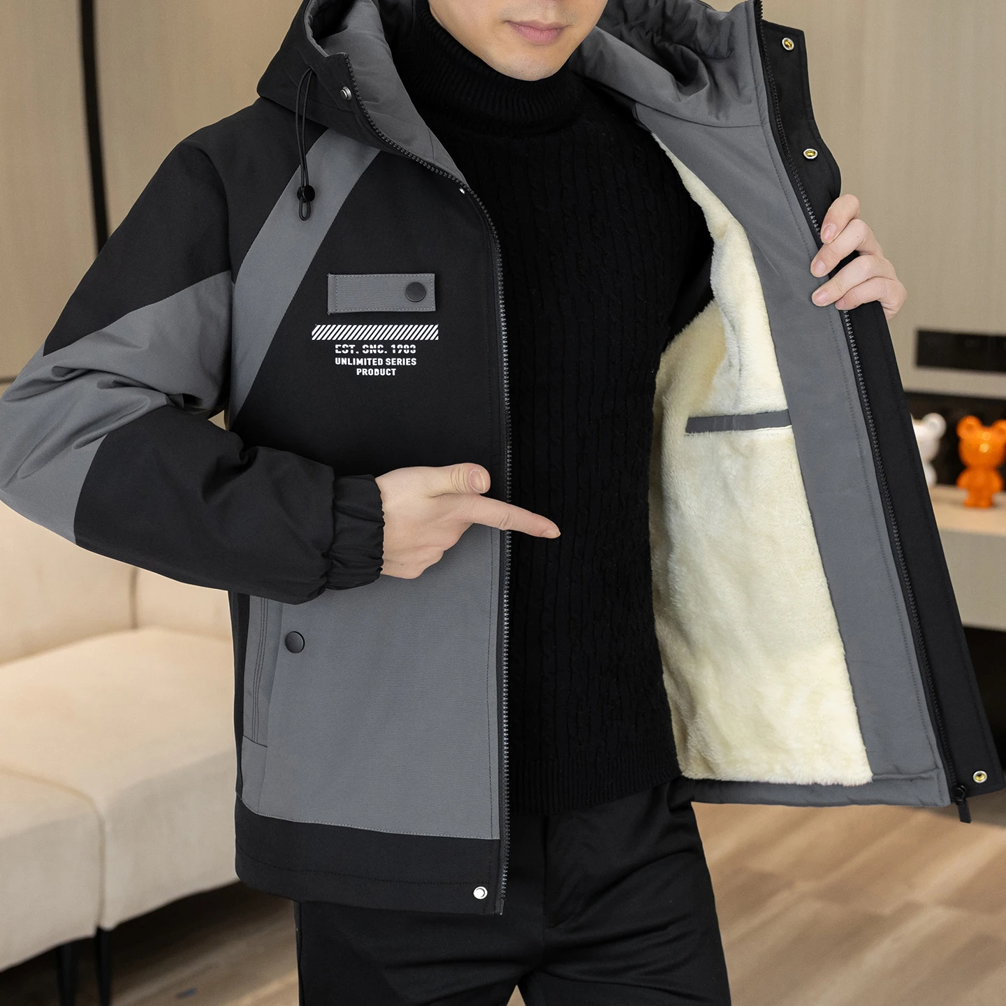 

Faionable Thiened Fce Men's Jaet Autumn Winter Korean Sle Warm Outerwear Stand Fit Long Sve Zipper Closure Coat
