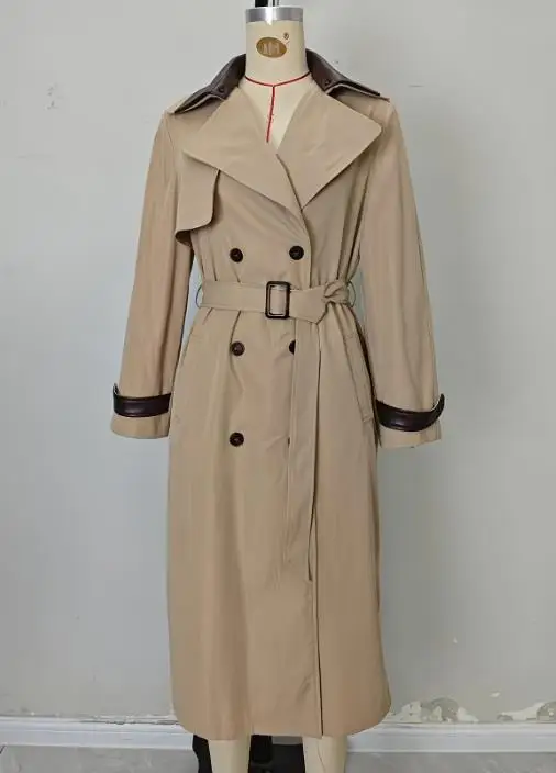 レディース トレンチコート 2025 春秋新作 カーキ レザー切り替え ノッチドラペル 長袖 ダブルブレスト ロング ウィンドブレーカーコート