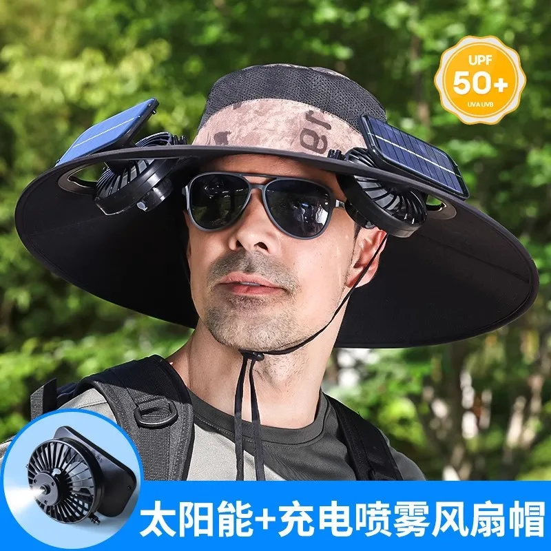 New Solar Fan Cap Spray Cooling Summer Men's Outdoor Mountaineering Fishing Hat Big Eaves Shading Bucket Hat