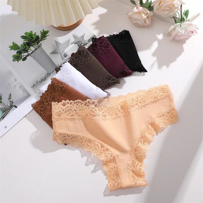 FINETOO 3Pcs Cotton Lace Floral Thongs Women Sexy Seamless Underwear Breathable Panties Low Waist Solid G-string Soft Lingerie