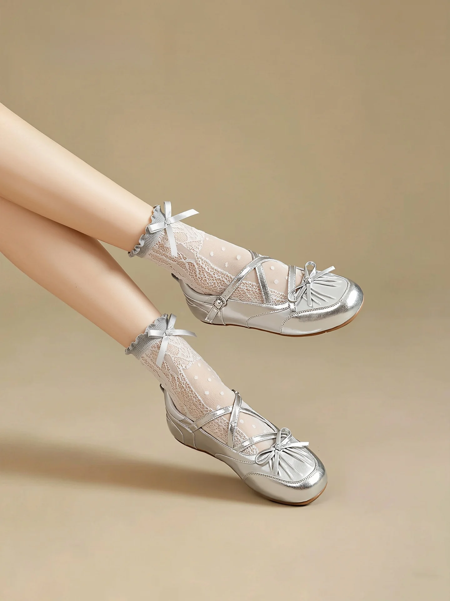 

Agsdon Silver Ballet Flat Shoes Women's Mary Janes Breathable Summer Fashion Casual round Toe Low Heel PVC Bottom Sandals