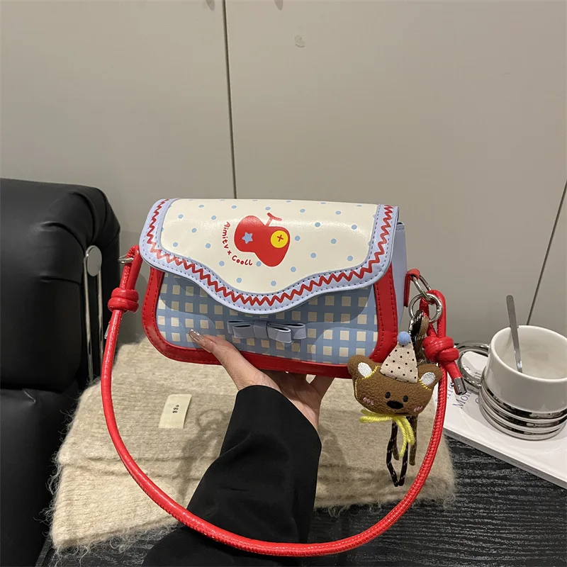 

Милые женские сумки на плечо с яблочным бантом, подмышки, контрастные цвета, женская сумка через плечо из искусственной кожи, клетчатая милая сумка в горошек для девочек