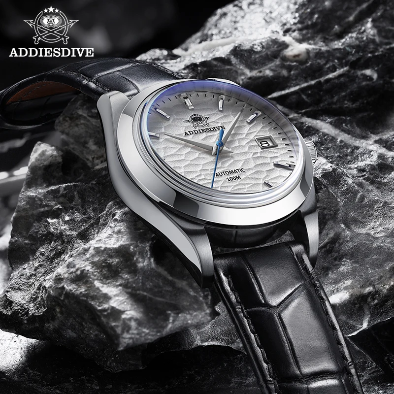 Addiesdive ساعة رجالي الياقوت الزجاج ثلاثية الأبعاد محكم الهاتفي ساعات أوتوماتيكية 100 متر مقاوم للماء الفولاذ المقاوم للصدأ فستان ساعة اليد AD2118
