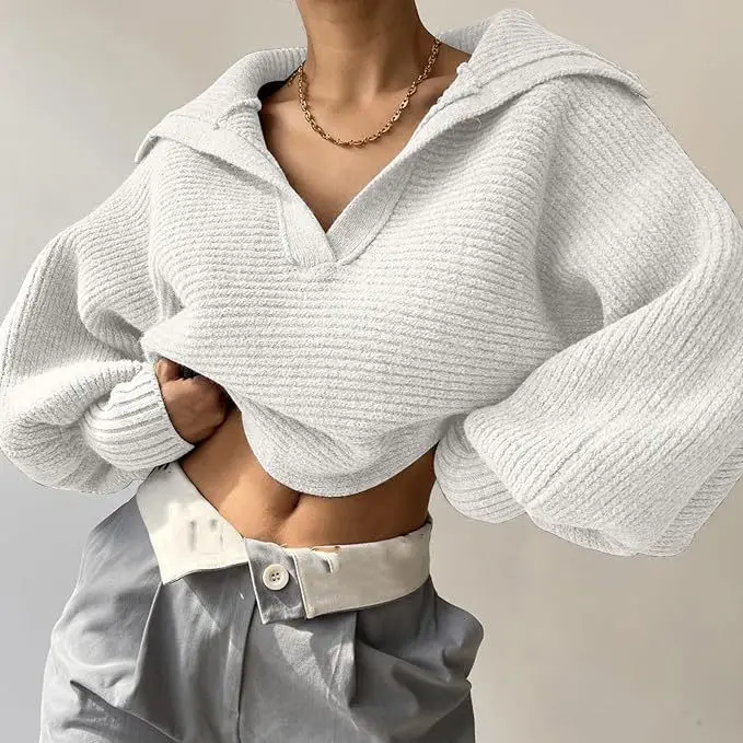 

New Knitted Women's Sweater Spring Autumn Long Sleeve Fashionable Casual Solid Color Versatile Collar Lantern Sleeve Hoodie