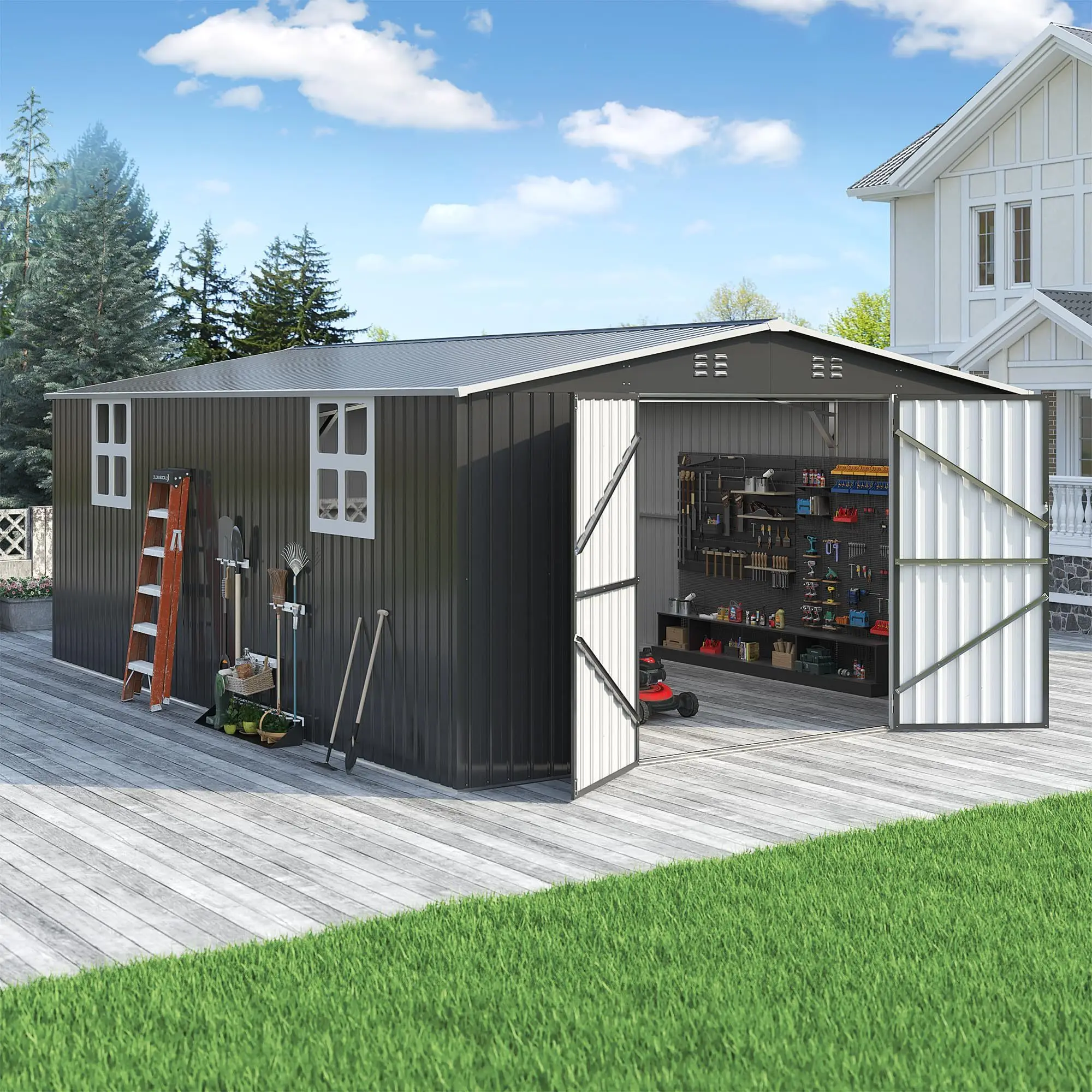 

VIWAT 12x18 FT Outdoor Storage Shed, Metal Shed with Updated Frame Structure and Lockable Doors, Large Shed Upgrade Height Ideal for Garden, Backyard, Patio Utility and Tool Storage, Black