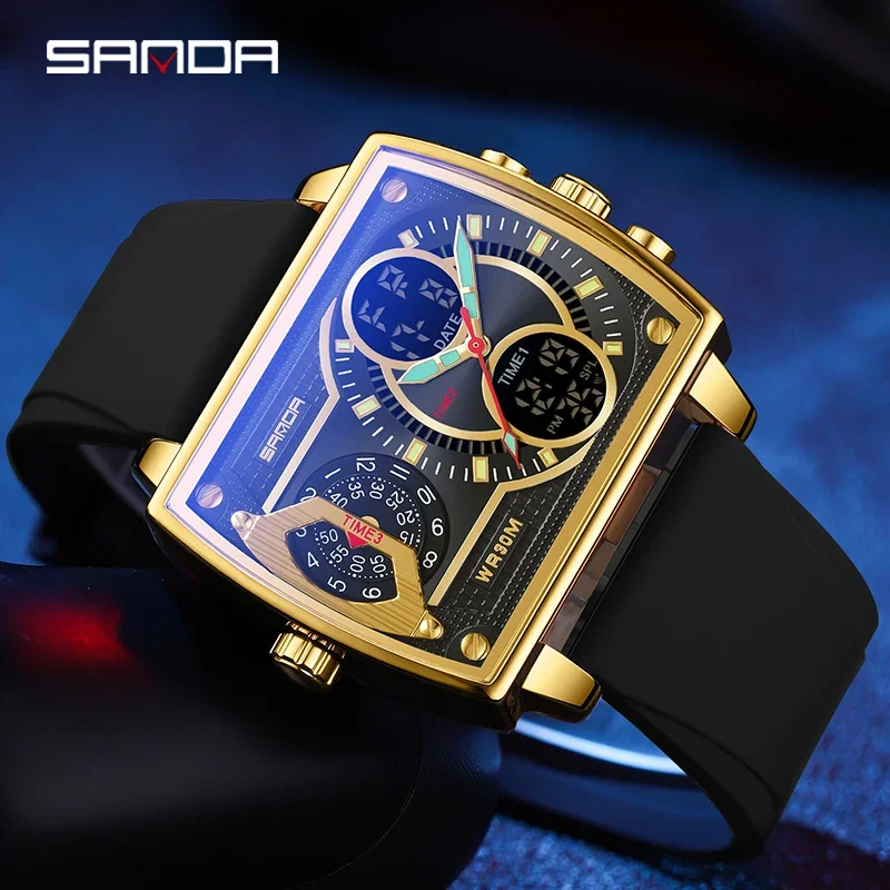 SANDA 1pc Fashion Men Sports Watch Square Big Dial Dual Display 3Bar Waterproof LED Luminous Digital Military Men Quartz Watch