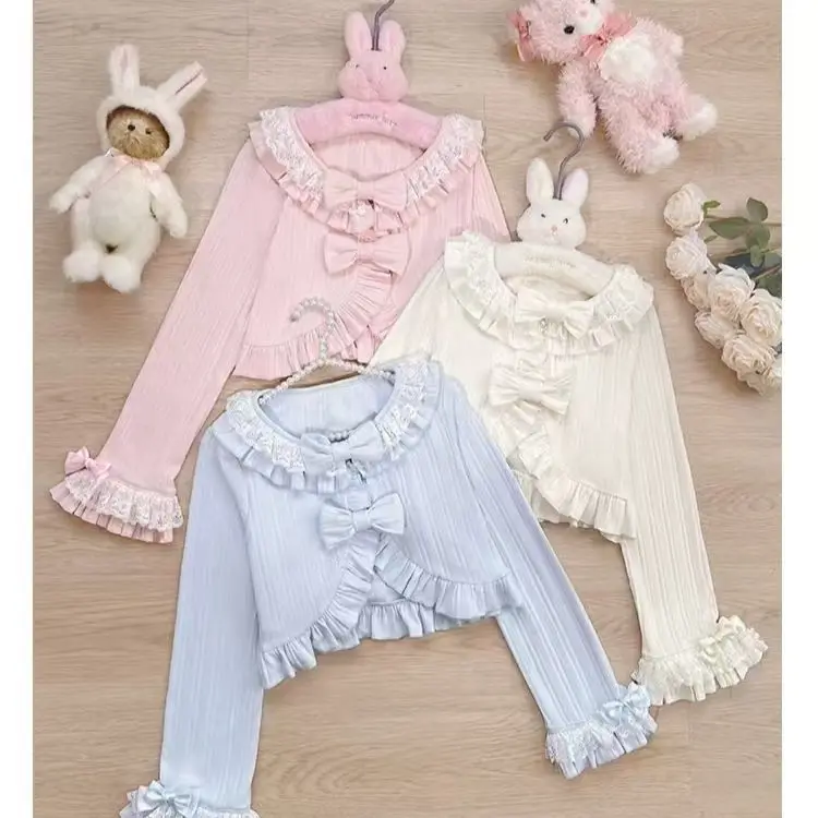 Cute Sweet Bow Ties Ruffles Cardigan Light Lolita Lace Long Flare Sleeve Knit Open Stitch Kawaii Japanese Girls Short Pink Tops
