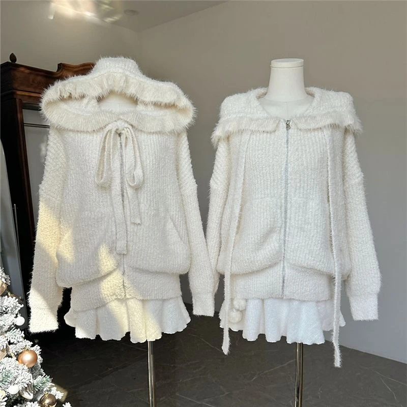 

Japanese Knitted Aesthetics Vintage Long Sleeve Sweater Autumn New Pocket Cardigan Sweet Cute Tops+casual Skirt Fashion Chic