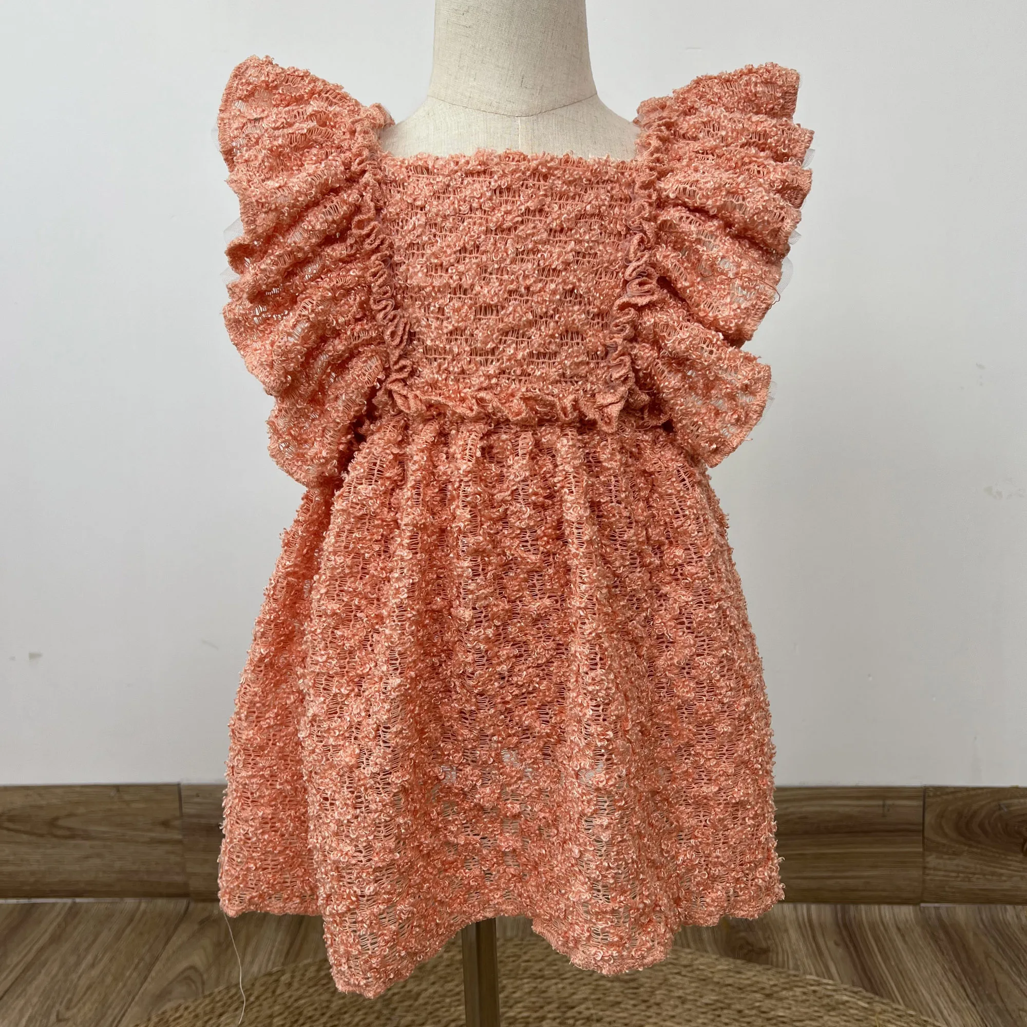 Don&Judy Little Girl Mini Dress Square Neck Ruffled Flutter Sleeves Textured Knit Fabric A-Line Silhouette Casual to Semi