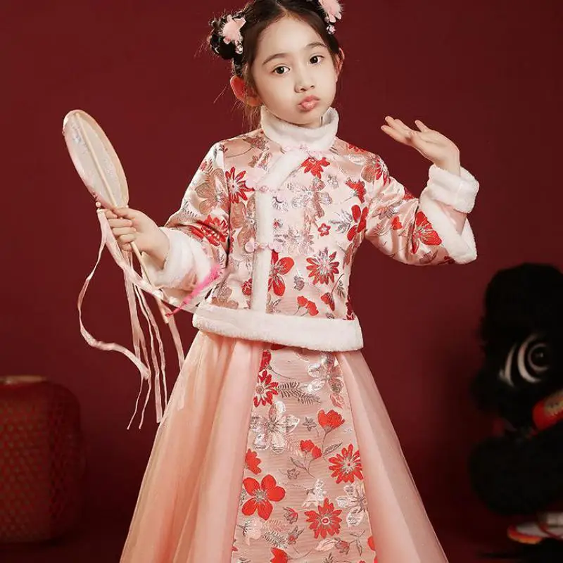 

Girl Winter Chinese Style Vintage Button Hanfu Flower Print Qipao Dresses Cosplay Party Performance New Year Greeting Costume