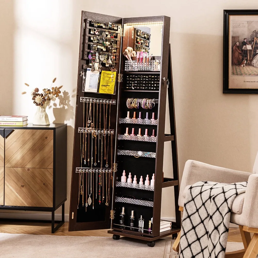 

Шкаф для ювелирных изделий с подсветкой, регулируемыми полками и колесами