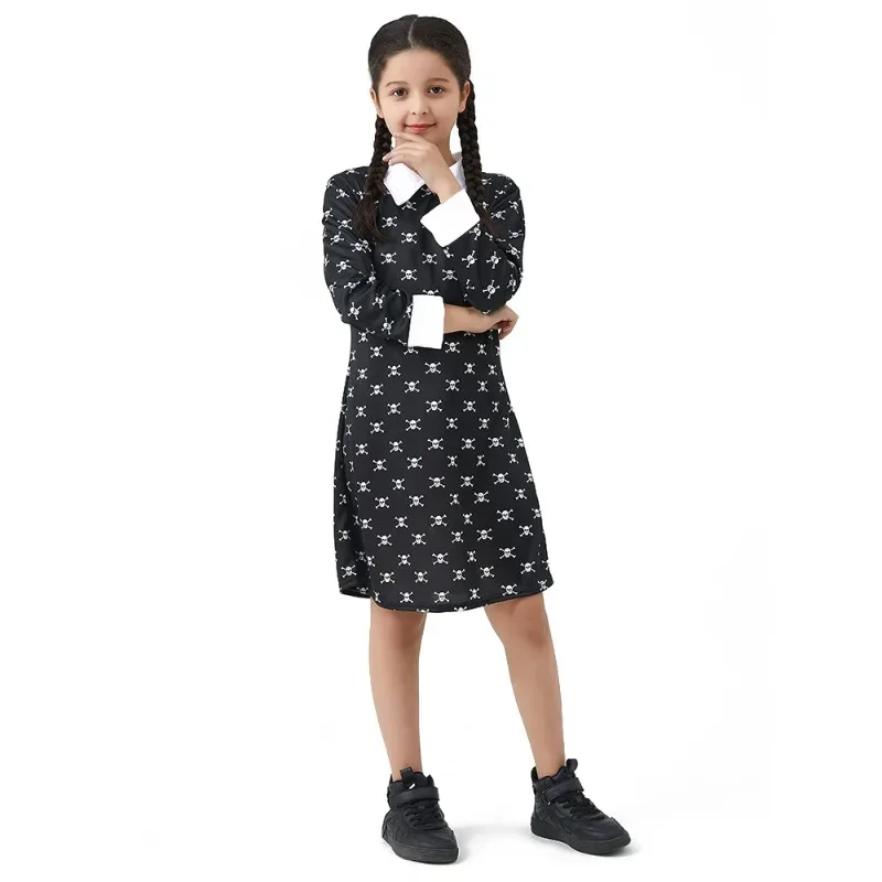 Wednesday Adams Dress Girl Addams Family Cosplay Costumes School Uniform Scary Fake Hand Wig for Kids Game Party Girls Clothes