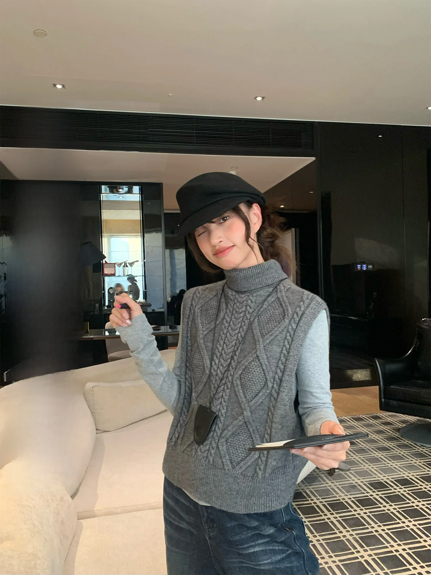 

Женский вязаный жилет-свитер с высоким воротником, двусторонний, свободного кроя, с длинными рукавами, осенне-зимний, повседневный, модный