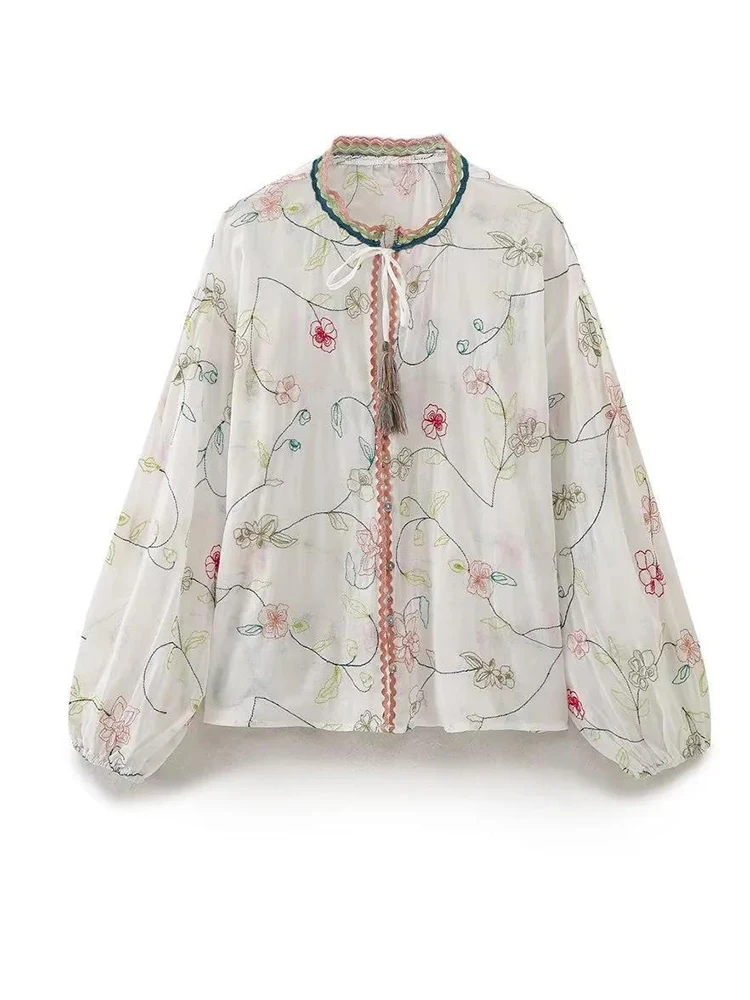 

Women Flower Embroidery Blouses Loose Long Sleeve Tops Thin Shirts
