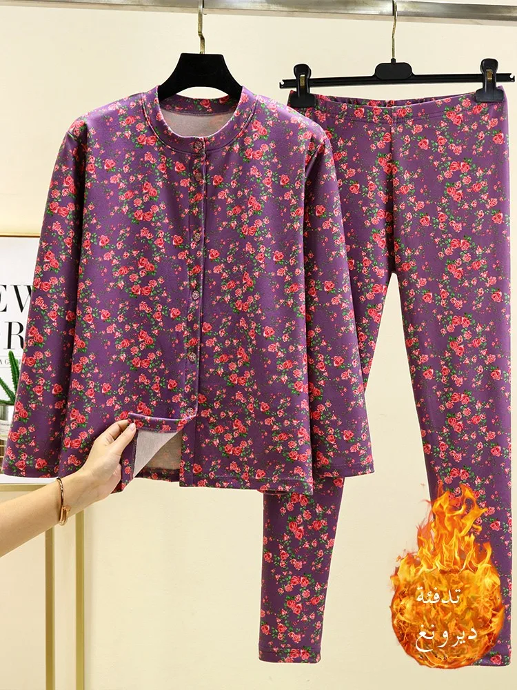 

plus Size Thermal Sweater Set Women's Autumn Winter Thiened Cold Resistance Cotton Outerwear Floral Print Fce Lined Pajamas
