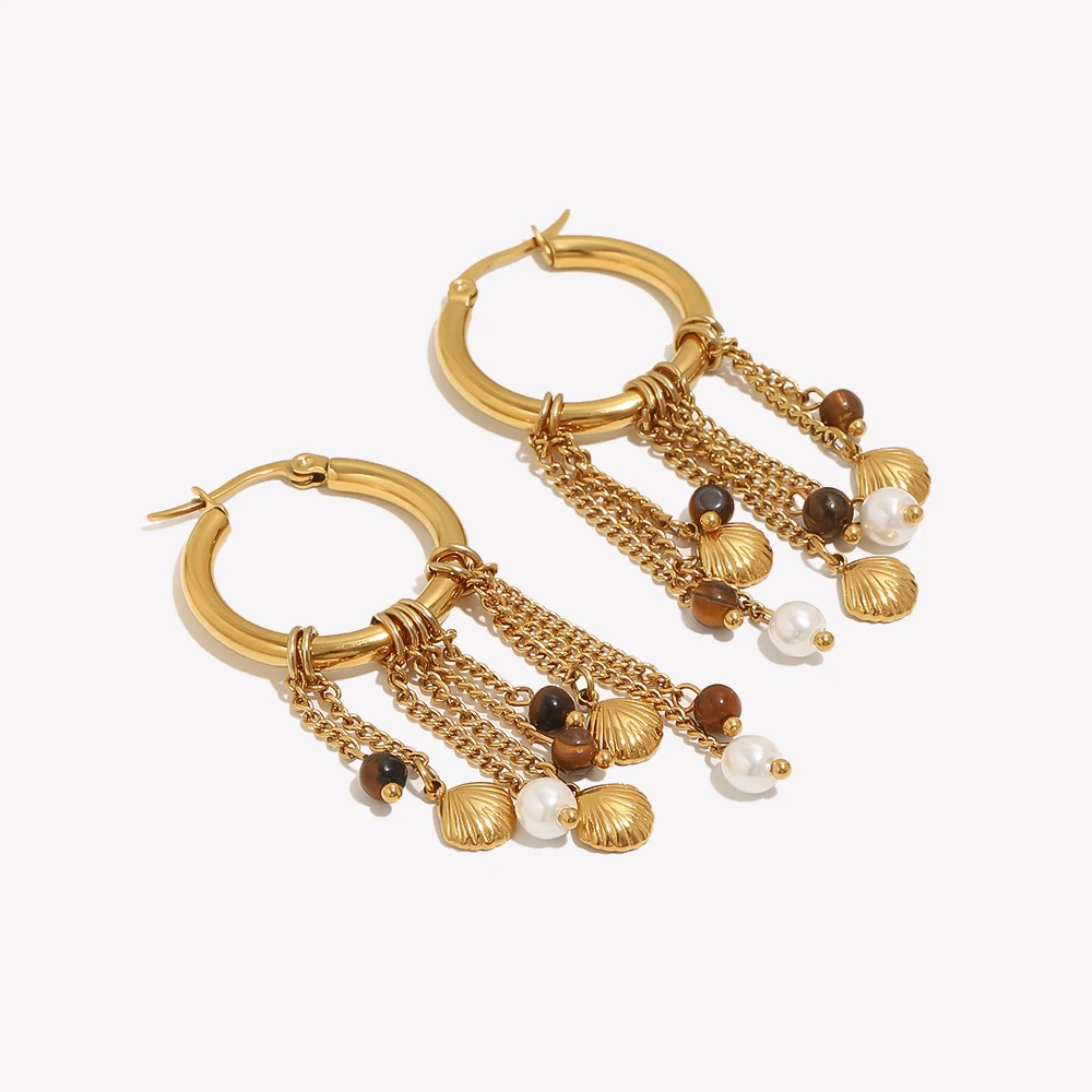 E.B.belle Bohemian Shell Tiger Eye Stone Charm Tassel Hoop Earrings 18K Gold Plated Multi‑Chain Earrings Fashion Women Jewelry
