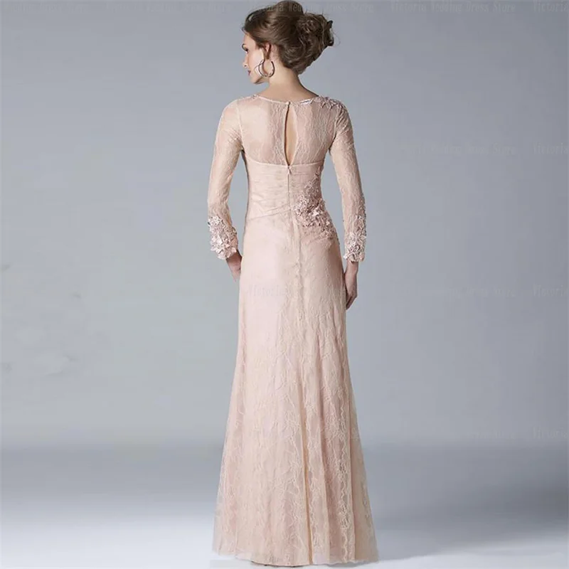 Champagne Mother Of The Bride Dresses A-line Square Collar Long Sleeves Full Lace  Beaded  Groom Mother Dresses For Wedding