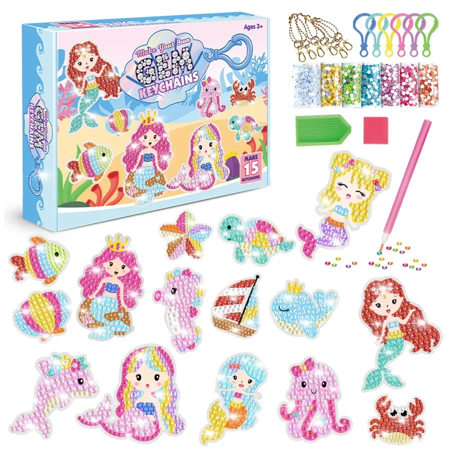 2026 NEW 15 Piece Diamond Painting Handicraft Set For children's Handmade DIY Mermaid Animal Keychain As A Gift For children's