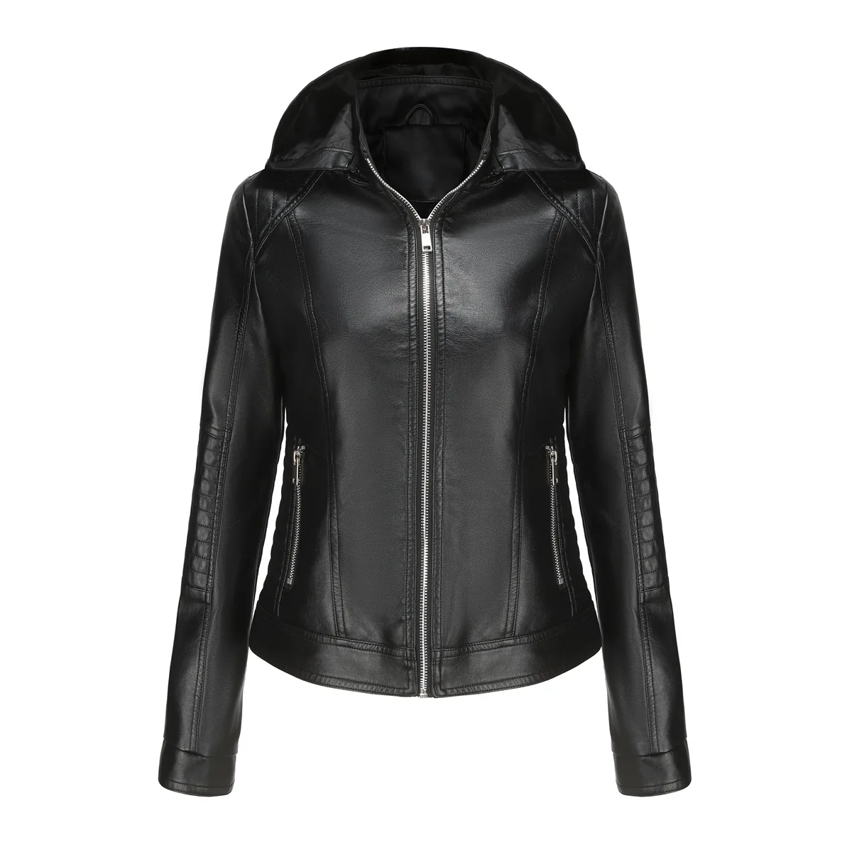 Women's Hooded Leather Coat with Detachable Hat, Windproof Motorcycle Coat, Short Casual Jacket, Spring and Autumn