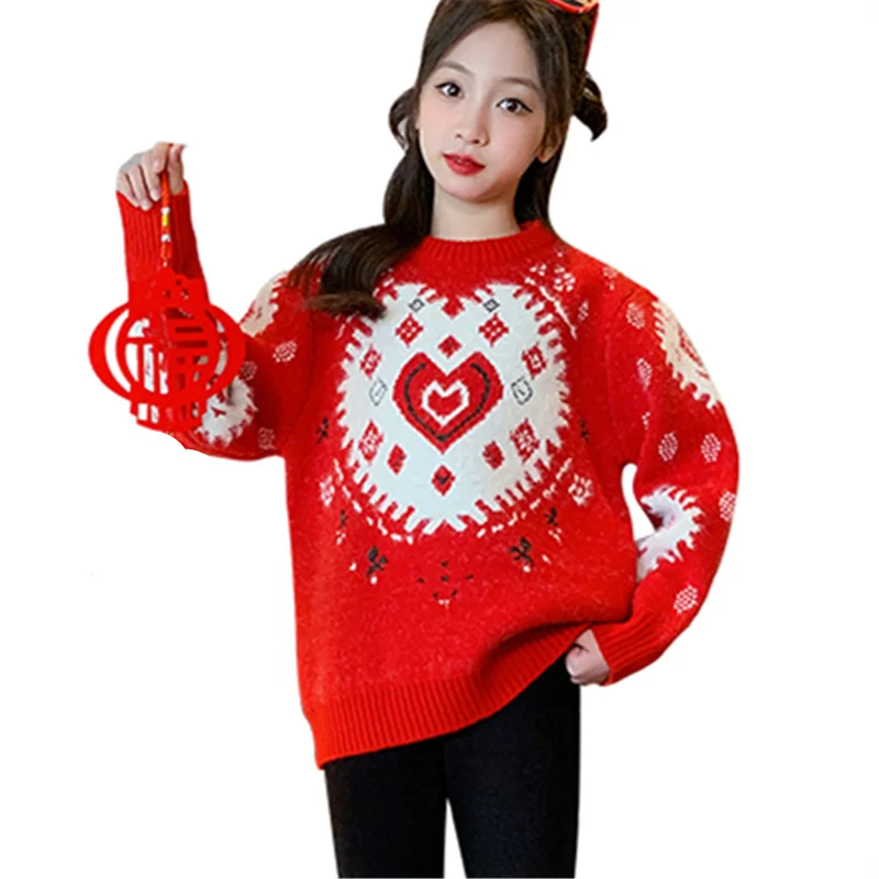 

Child Luxury Heart Pattern Sweater For Girls Red Chinese Style Knit Sweater Kids New Year Knitwear Costume 4 5 7 9 10 11 13 14 Y