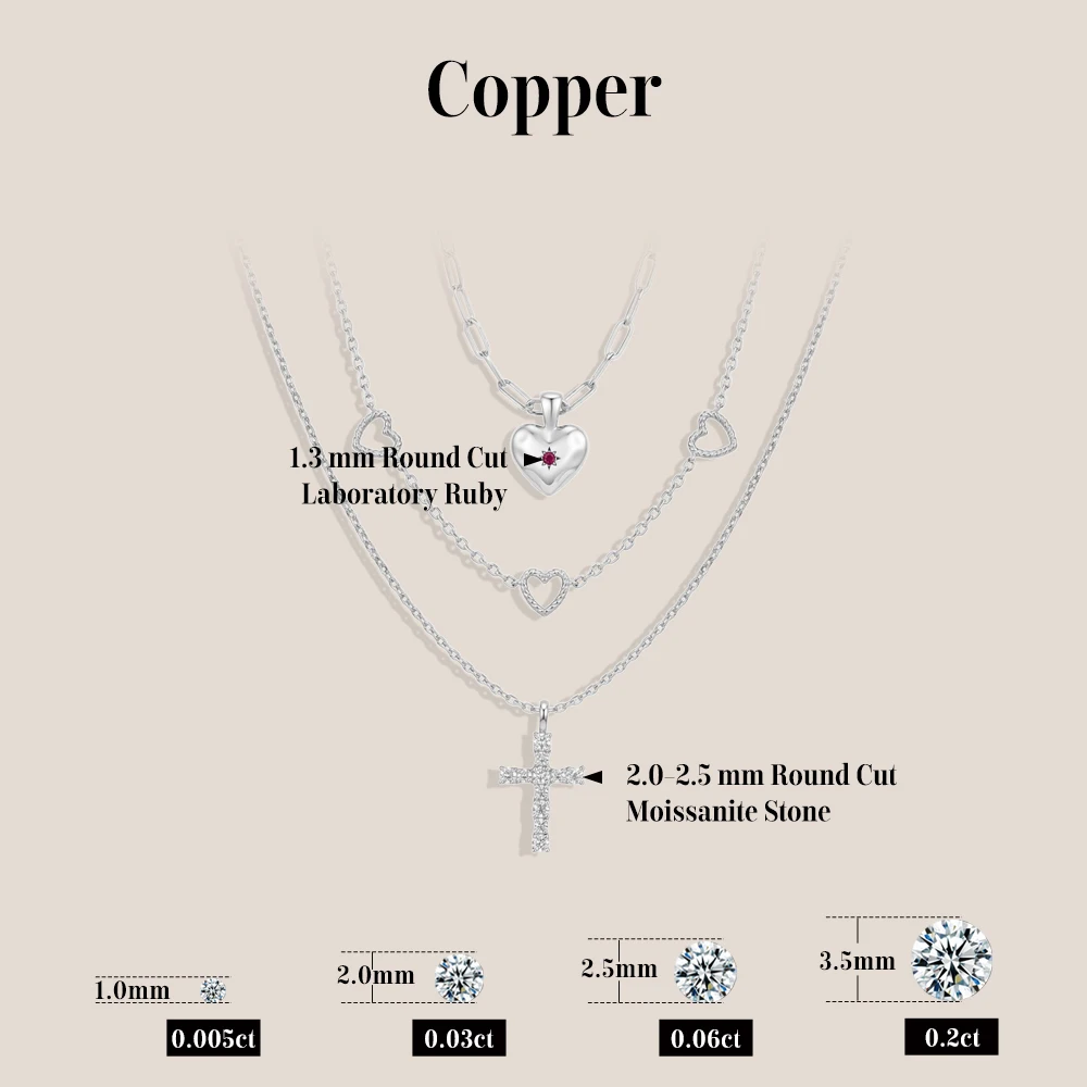 MINTYBOX Heart & Cross Shape Moissanite Necklaces Copper 3‑Layer Stacked Necklace Adjustable 40+5cm Charm Birthday Gifts Jewelry