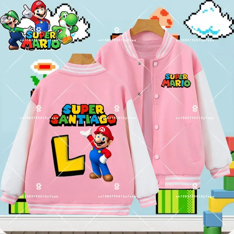 Baseball uniform letters ABCDEF Mario Series Kids 1-14 years old Spring Jacket cartoon print for boys and girls Kawaii knitwear