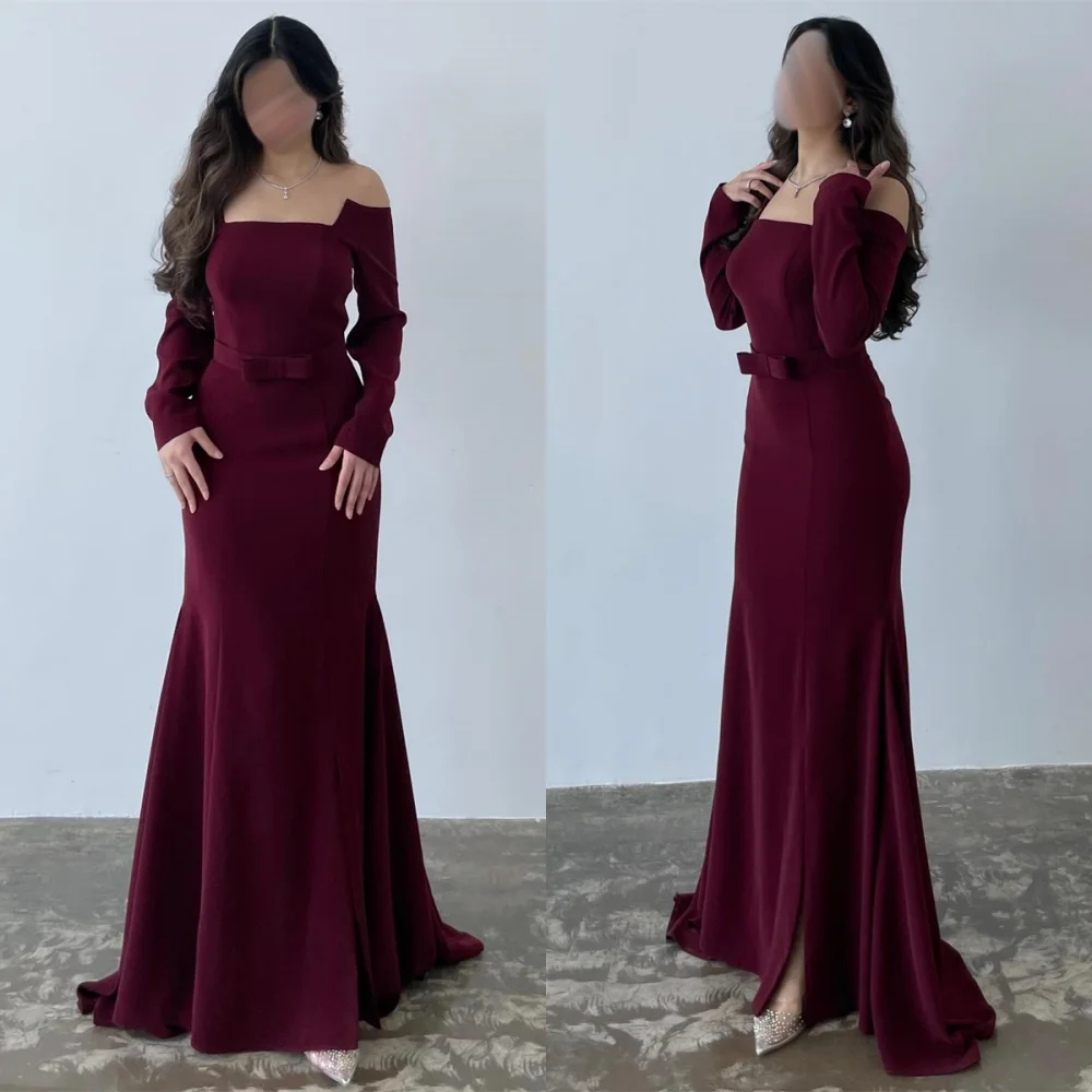 

Customized Classic Purple Jersey Evening Dress Modern Strapless Long Sleeves Zipper Back Mermaid Bow Special Occasion Gowns