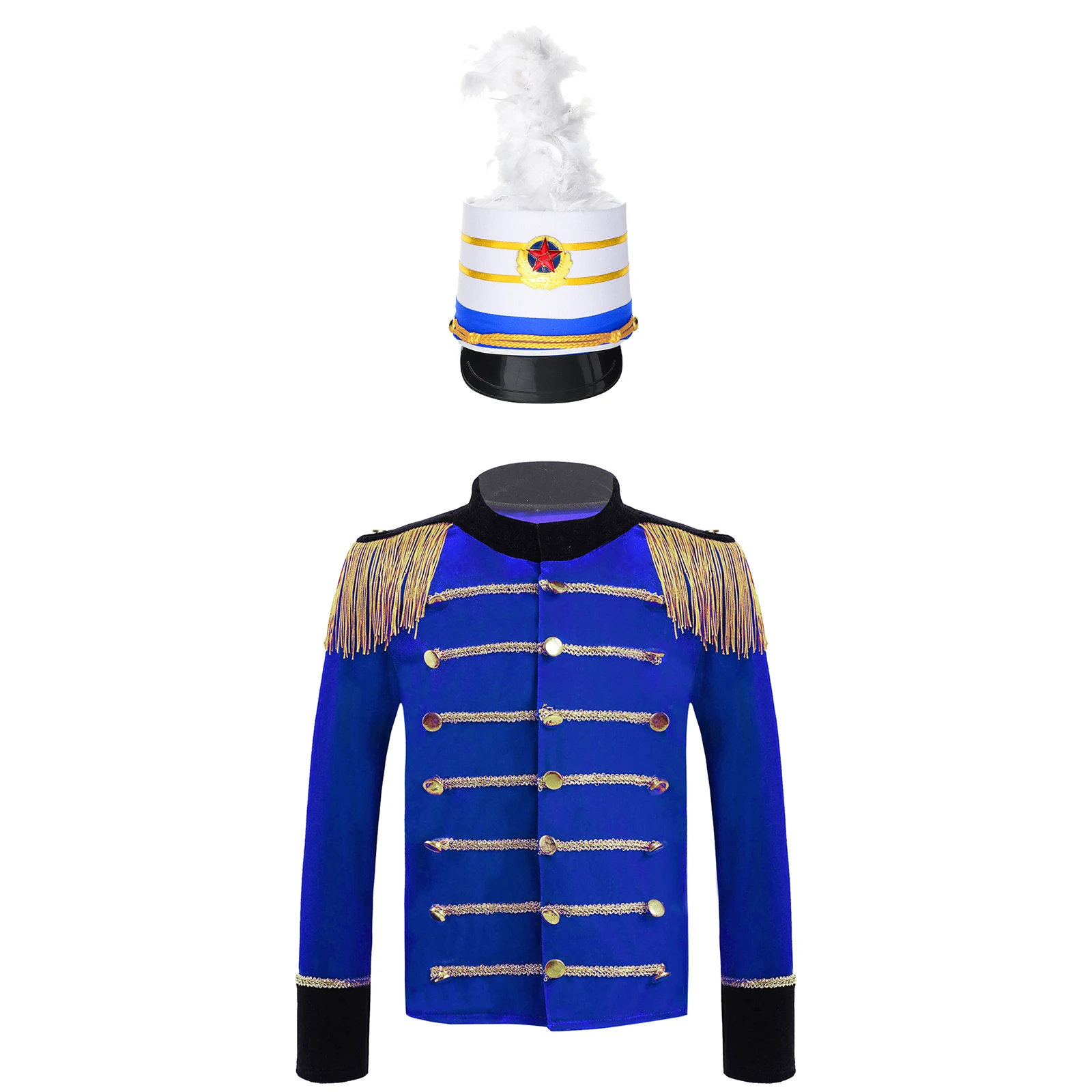 Uniforme de equipo de trompeta de tambor para niños, uniforme de guardia de Honor, disfraz de actuación de circo de Halloween, Tops de borlas de manga larga con sombrero