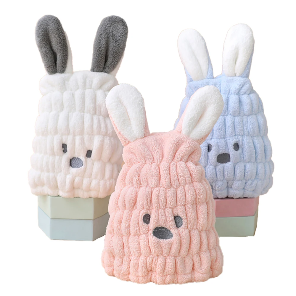 Cute Cartoon Rabbit Hair Drying Towels Soft Coral Fleece Baby Kids Quick Dry Wrap Cap New Women Shower Dryer Towel Hat Absorbent