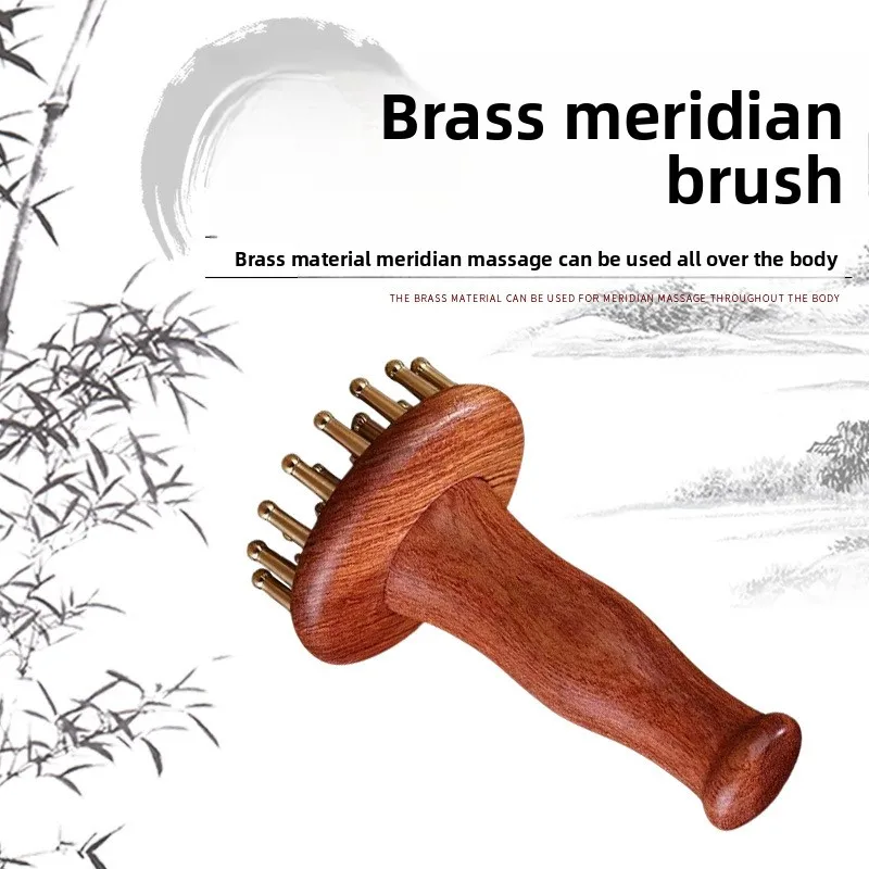

Латунный медный массажный инструмент Гуа Ша, деревянная ручка, облегчение мышц, боль, глубокие ткани, голова, шея, нога, тело, меридиан, массажная щетка