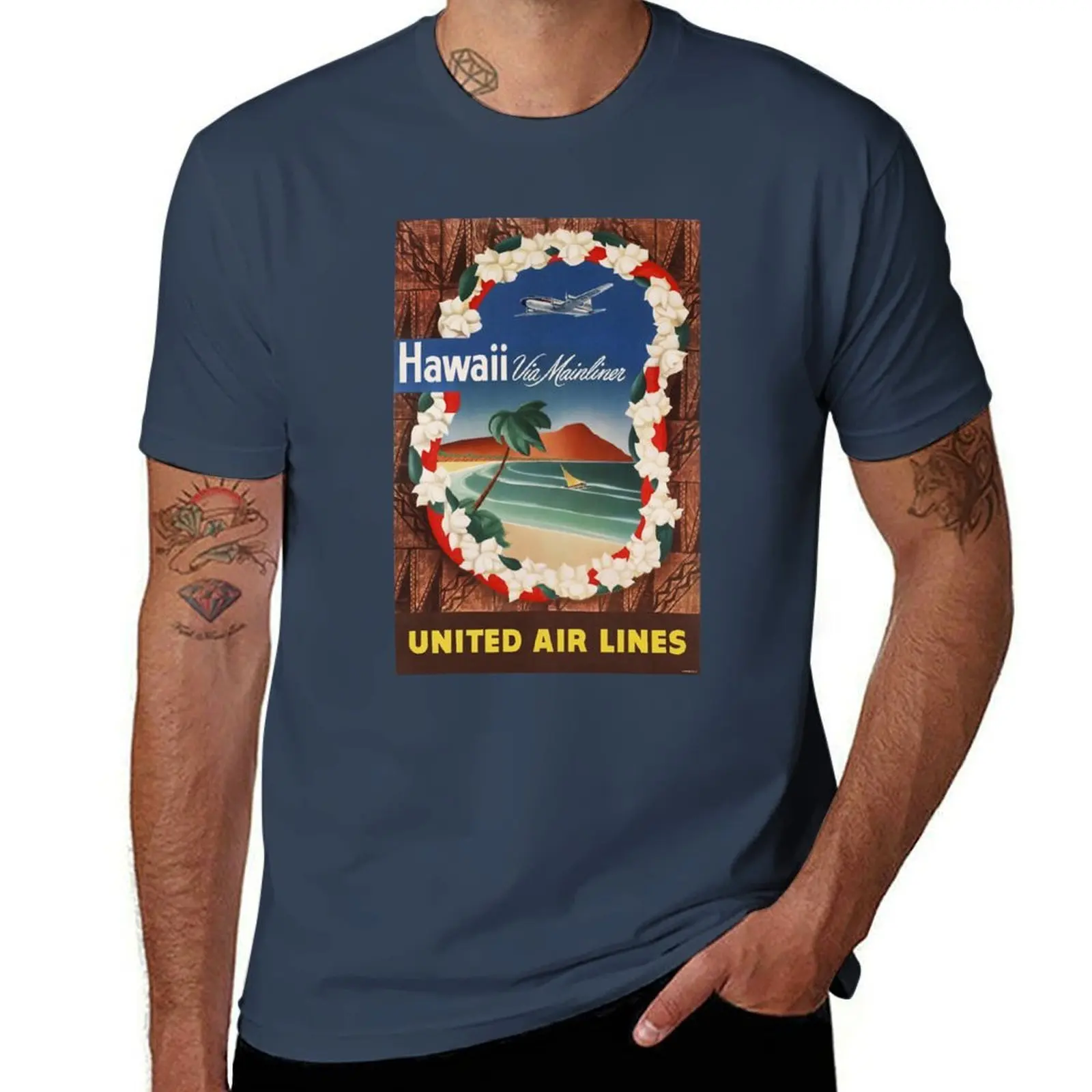 

1950 HAWAII Via Mainliner United Airlines Travel Poster T-Shirt t shirts for man cotton funny man t shirt luxury T-Shirt