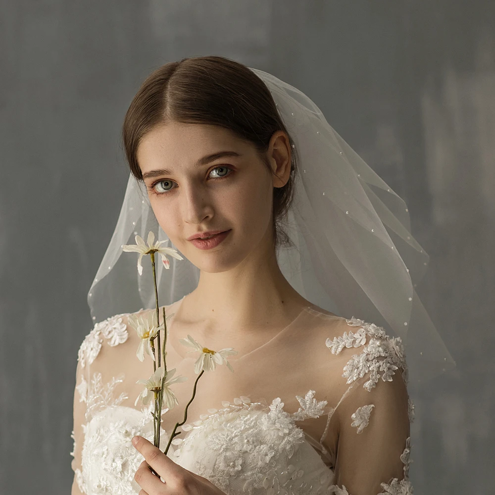 Voile de perles en tulle doux à deux couches avec peigne, voile blanc initié, élégant, fait à la main, coiffure de patients de mariage, V627