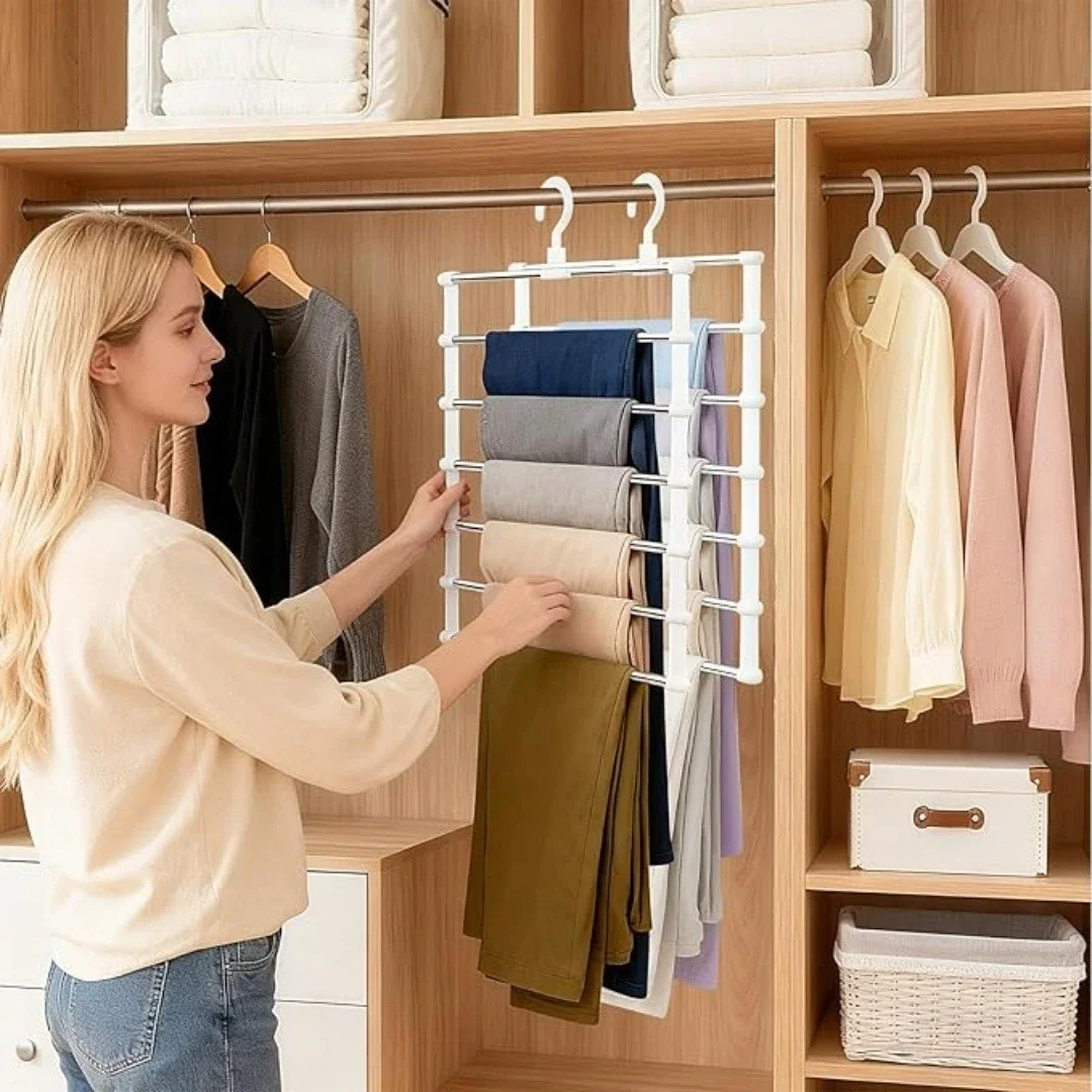 Hot Multi-Layer Pants Hanger Space Saving Closet Organizer Foldable Trousers Clothes Rack Wardrobe Storage with Non Slip Clips