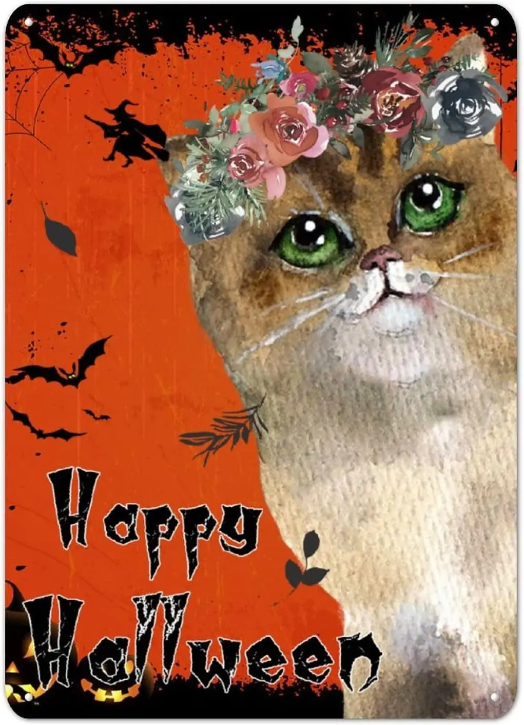 Metal Sign Happy Halloween Witch Cat Metal Tin Sign Bat Witches Maple Leave 14x10in Horror Movie Weatherproof Novelty Metal sign