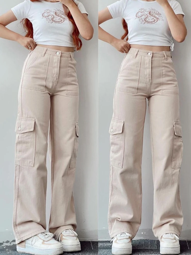 New Y2K Women Vintage Cargo Pants Streetwear Techwear Korean Harajuku Parachute Pants Beige Sweatpants Wide Leg Joggers Trousers