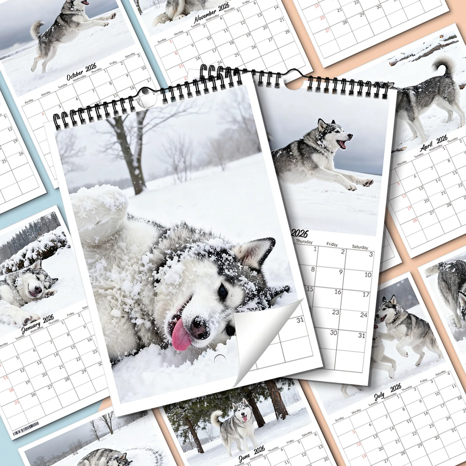 Calendario animado de Husky de nieve, apto para decoración del hogar, ideal para amantes de los perros, bonito regalo de Año Nuevo para planar horarios diarios, 1 ud.