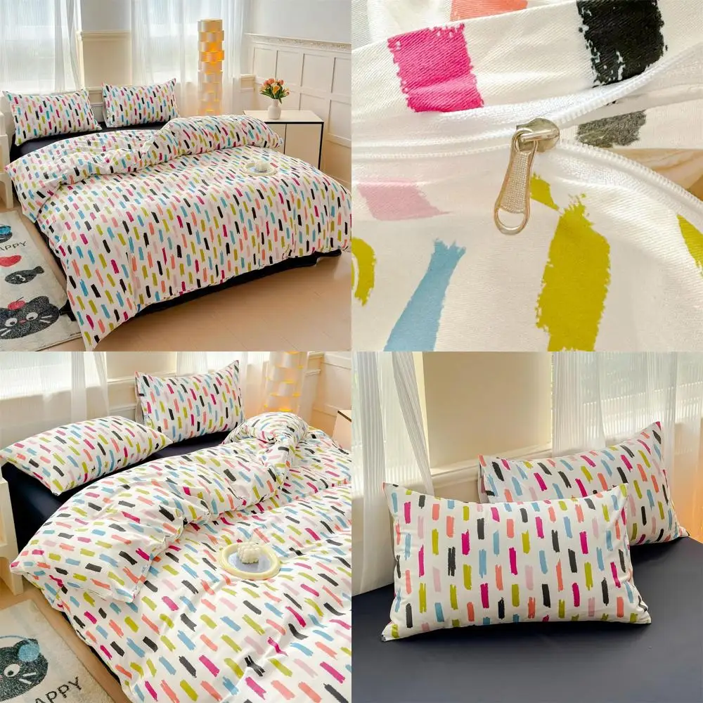 

Queen Size Cotton Duvet Cover Set with Vibrant Stripes: Blue, Red, Black on White for Modern Bedrooms