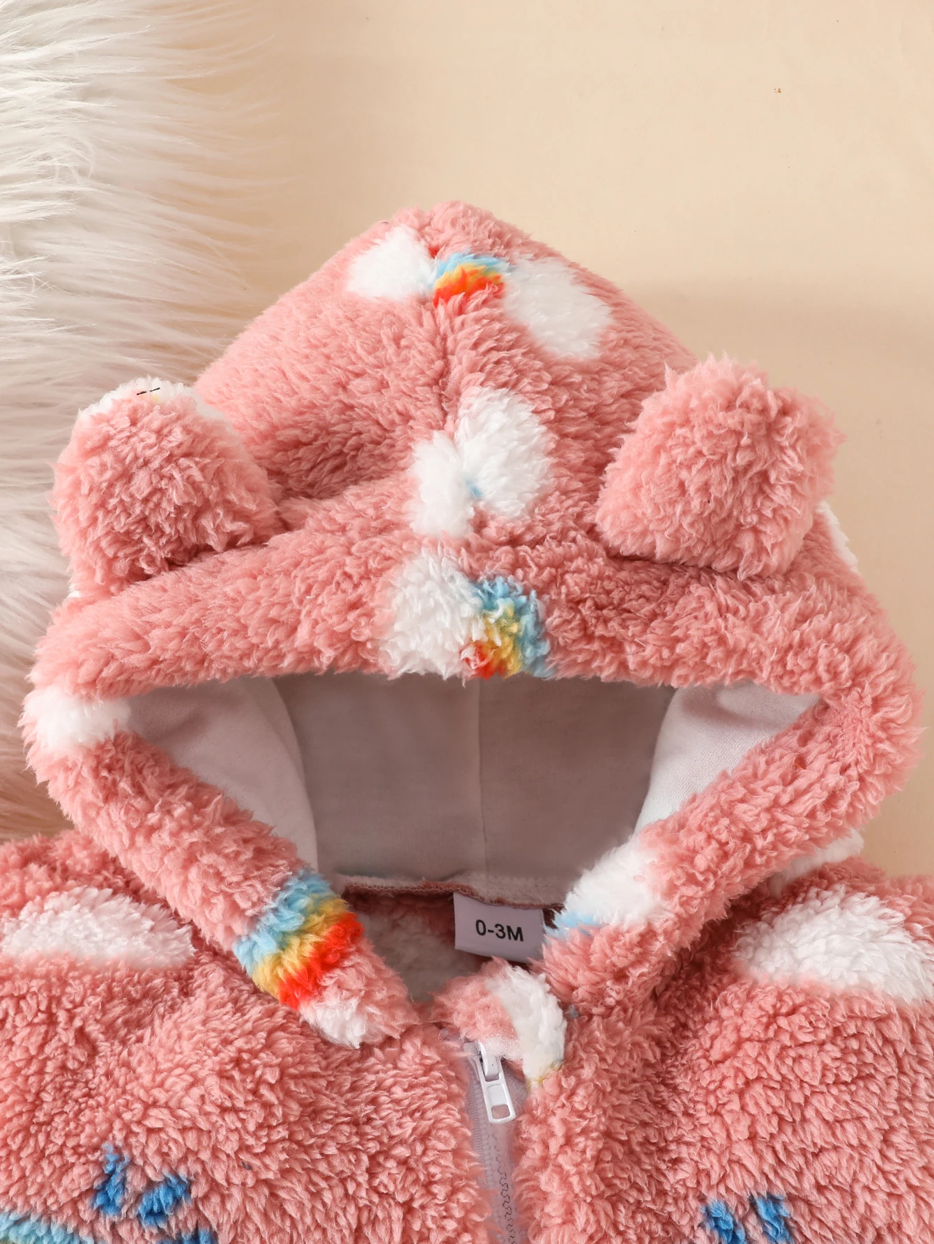 0-12 Months Old Newborn Toddler Casual Cute Thickeneded Warm Plush Cloud Rainbow Plaid Cartoon Pattern Stereo Ear Hooded Front Zipper Sweet