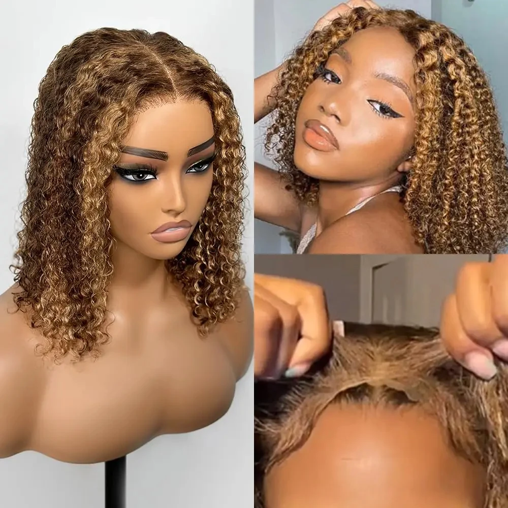 Perruque Bob Lace Front Wig Deep Wave Naturelle, Cheveux Humains, Brun Miel, Blond, Ombrée, 13x4, 4/27 de Densité