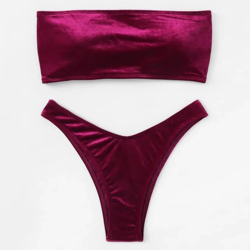 Velvet Bikinis 2023 Women Brazilian Bandeau Swimsuit Solid Sexy Swimwear Female Beachwear Bathers Bathing Swimming Swim Suit