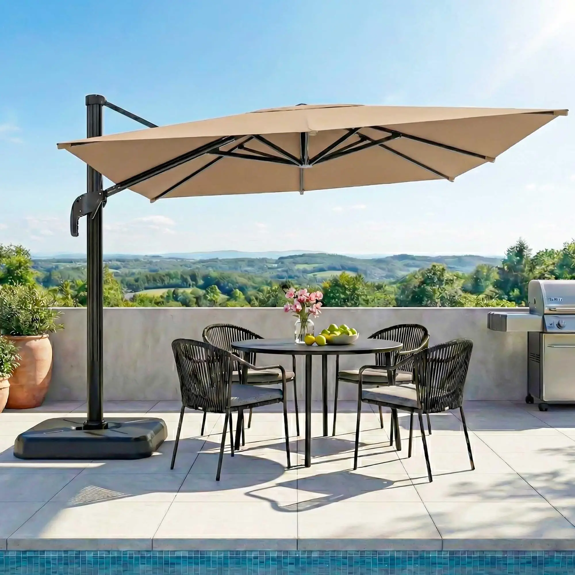 10FT Cantilever Patio Umbrella, 360° Rotating Offset Umbrella with Aluminum Frame, Large Square Sunshade for Backyard