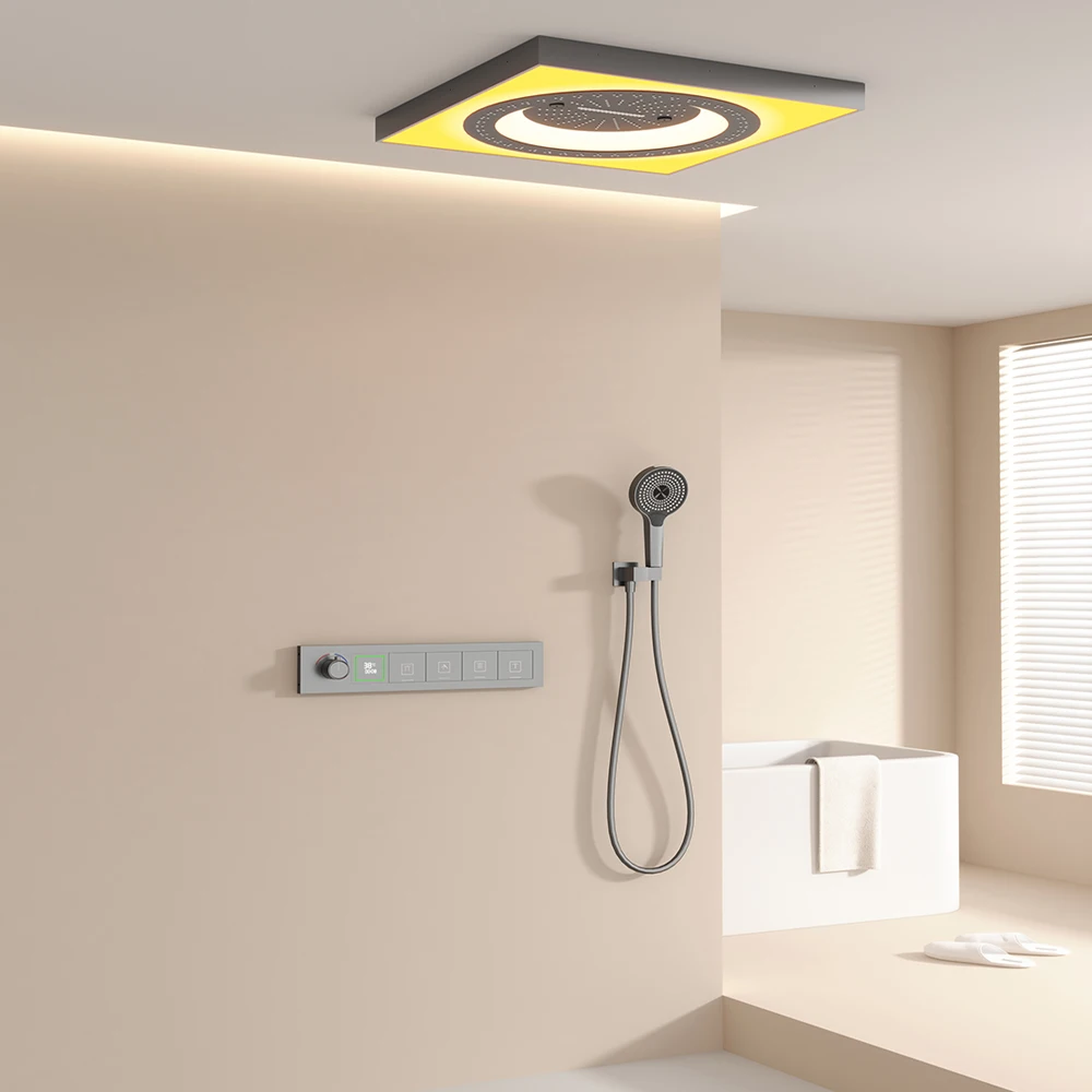 600*600mm montado na parede termostática escondida superior conjunto de cabeça de chuveiro, led chuveiro do banheiro conjunto completo sistema de chuveiro preto